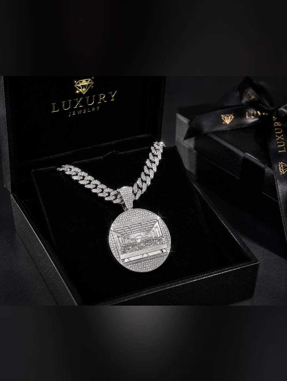 Silver Cuban Link Chain Necklace with Round Pendant - Men Grooming. Stainless
